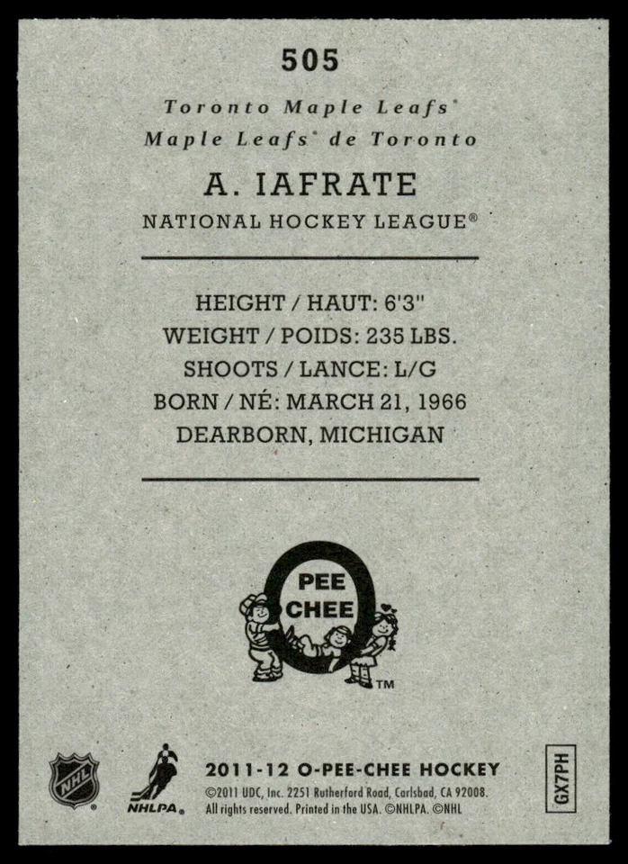2011-12 O-Pee-Chee Retro Al Iafrate Toronto Maple Leafs #505 - Image 2 of 2