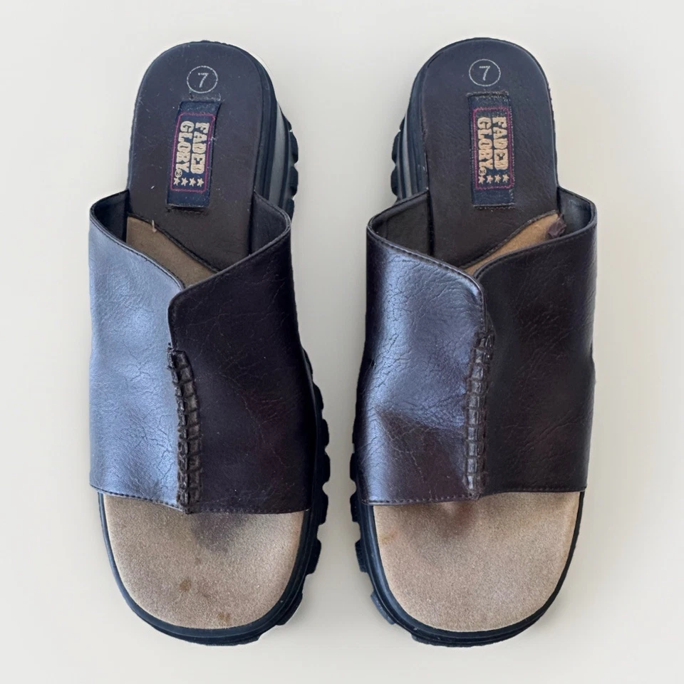 Sandalias De Colección Y2K Años 90 Desteñidas Gloria Marrón Cuña Gruesa Plataforma Slides Talla 7 Foto 3 de 4