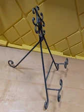 Vintage Scrolled & Decorative Metal Display Stand Easel; Black W/Top Amber Stone