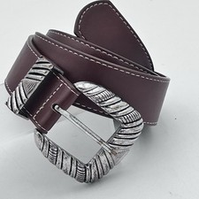 MNG Mango Brown Leather Belt Med Western Etched Silver Buckle 34” Cowgirl Style