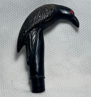 Vtg Black Raven Cane Handle Corvus Corax Bird Crow Topper w Collar Painted Brass