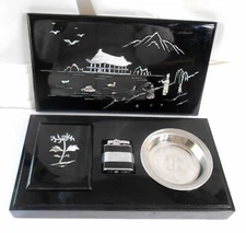 Vintage MOP Table Top Cigarette Box Ronson Lighter Ash Tray Set LacquerWare