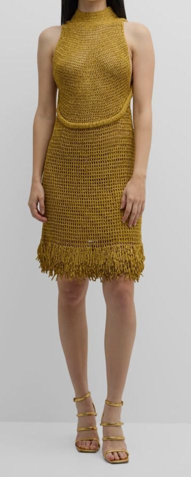 proenza gold dress Proenza Schouler Metallic Hand-Crochet Beaded Fringe Halter Gown, Gold, Women's, XS, Halter Neck Gowns