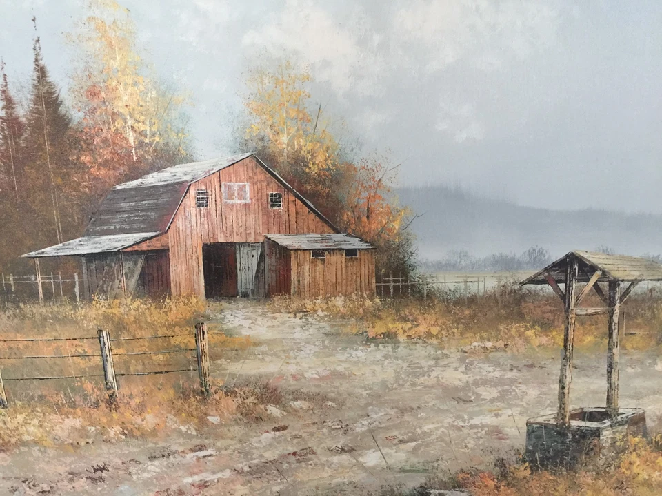 J Medina Original Oil Painting On Canvas, Country Barn, Framed, 35" x 23 1/2" - Image 2 of 4