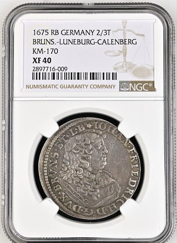 1675 RB German States BRUNSWICK-LUNEBURG-CALENBERG 2/3 Thaler Silver NGC XF-40