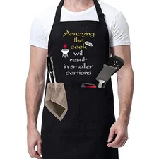 Funny Black Chef Apron for Men Adjustable BBQ Kitchen Apron with Pockets