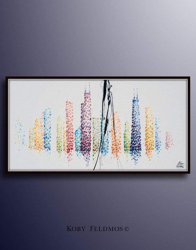 Chicago 67" Skyline cityscape original oil painting on canvas, thick layers - Picture 4 of 5