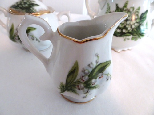 Vintage Napco Bone China "Lilly of the Valley" Sugar Bowl w. Lid + Mini Set - Picture 3 of 11