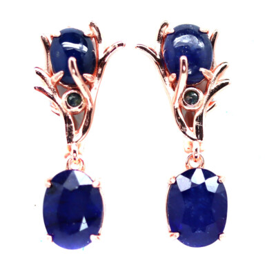 925 Sterling Silver Blue Sapphire Earrings Rose Gold Coated