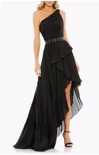 Mac Duggal Black Pleated One-Shoulder Beaded Waist High-Low Gown Size 2 $498 - Picture 3 of 5