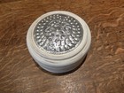 WOODEN LIDDED BOX WITH SILVER ALUMINIUM ORNATE EMBOSSED LID 17cm diameter