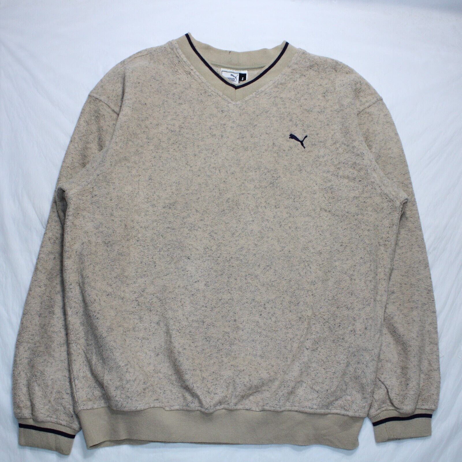 PUMA Vintage Sweatshirt Relaxed Medium Beige Marl Casual Sports Logo V Neck