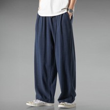 Men's Loose Fit Straight Casual Pants Wide Leg Trousers Chinese Cotton Linen 5XL