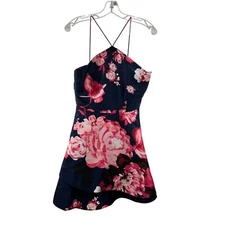 By & By Sleeveless Halter A-Line Floral Mini Dress Pink/Blue Size 7 Zip