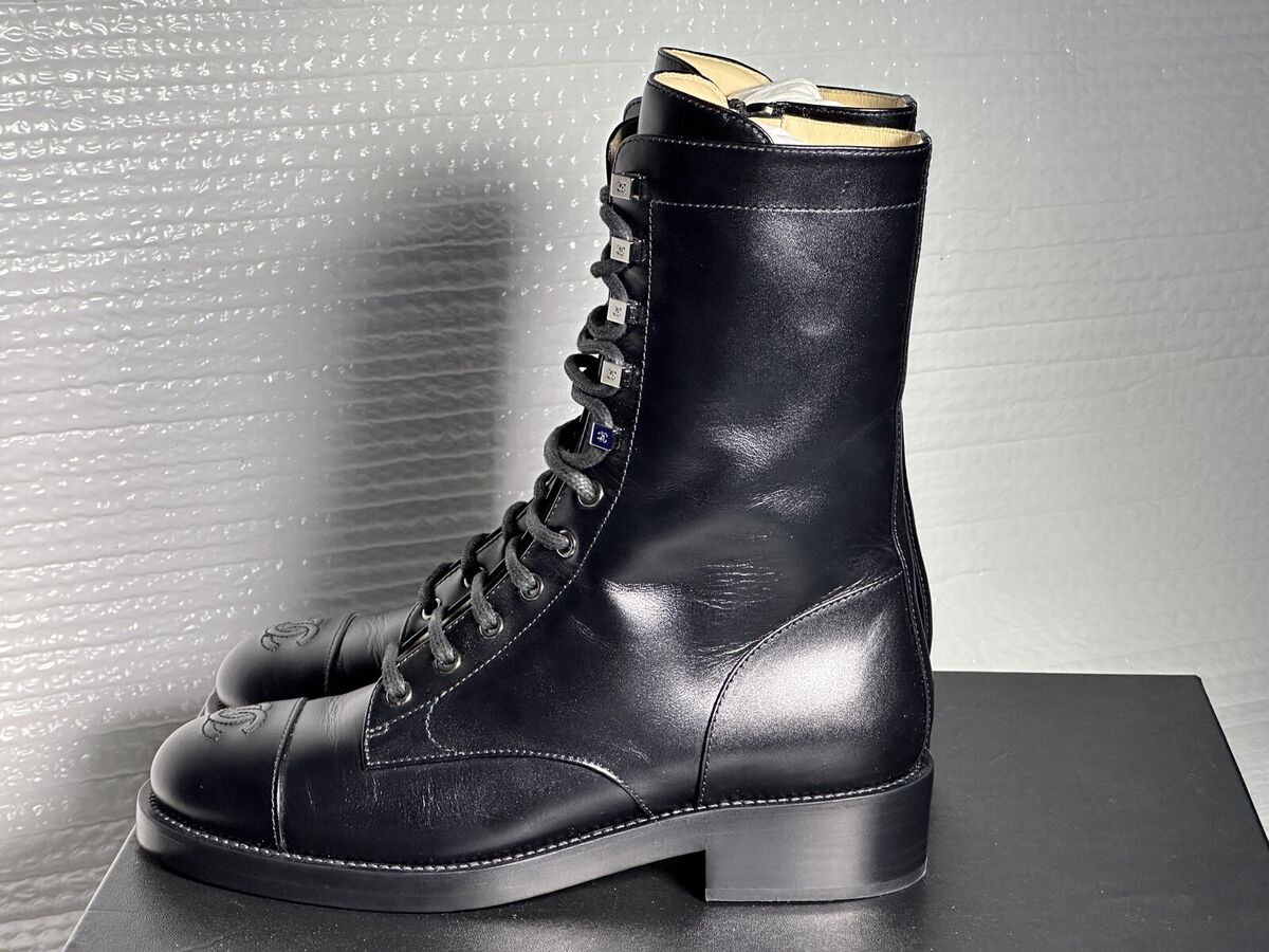 CHANEL WOMEN BLACK LEATHER LACE UP/SIDE ZIPPER COMBAT BOOTS CHANEL WOMEN BLACK LEATHER LACE UP/SIDE ZIPPER COMBAT BOOTS