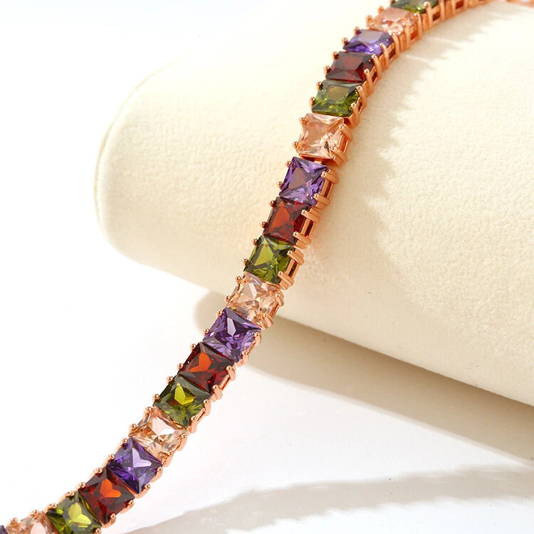 Pulseras cuadradas de 8 mm con dijes de oro rosa de amatista granate de lujo múltiple para mujer Foto 3 de 4