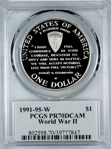 1991 - 1995 WWII Silver Dollar $1 PCGS PR70💥FLAWLESS QUALITY💥 - Picture 2 of 3