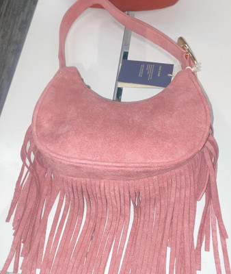 MARC CAIN Pink Crescent Shoulder Bag Small Fringe Zip Lined Detachable Strap