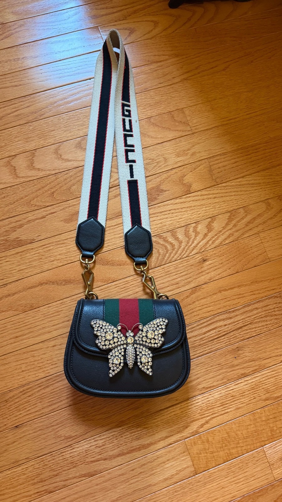 Gucci Mini Crossbody Bag – Black Leather w/ Crystal Butterfly & Web Strap
