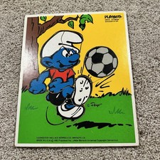 Vintage 1982 Playskool Smurfs Soccer Star Wooden Puzzle 10 Pc Made in USA