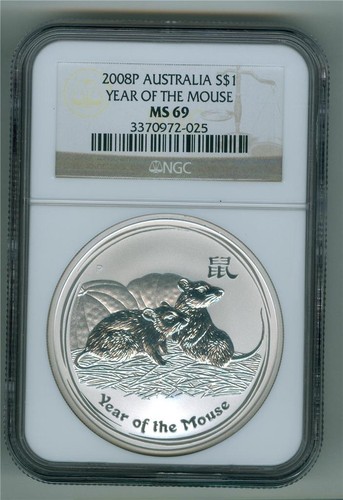 AUSTRALIA 2008 $1 YEAR OF MOUSE 1 OZ .999 SILVER NGC MS-69 GEM BU