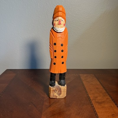 Vintage Salty Sea Captain Carved Wood Figurine Fisherman Orange Raincoat - 8''