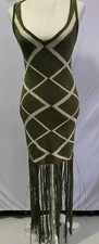 NWT Fashion Nova Fringe Maxi Dress Olive Bodycon Cutout Back Boho Festival Ibiza