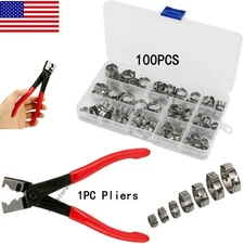 100PCS Stainless Steel Ear Cinch Hose Clamps Air Water Fuel Tube Clips Plier Set