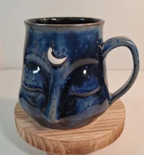 Moon Mountain Pottery Hand Thrown Face Mug 3D Cobalt Blue Drip Splatter 16oz