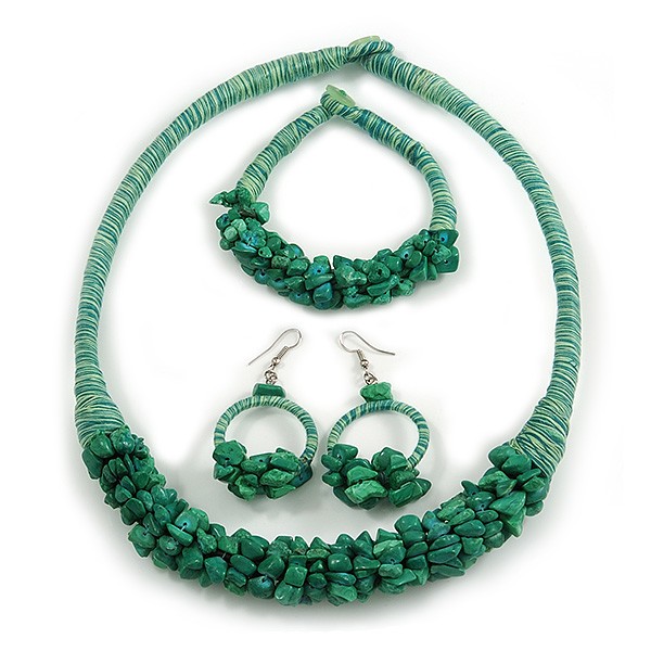 Ethnic Handmade Semiprecious Stone with Cotton Cord Necklace, Bracelet and Hoop