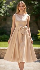 Satin Champaign Tea Length Dress 12 Corset Bow Pockets Padded Sleeveless NWT