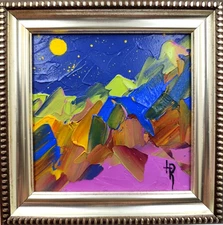 Original Oil Painting 4x4in Abstract  Magic Summer Moon Framed