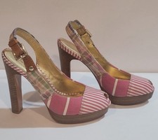 Coach Berli Y2K Pink Candy Stripe Plaid Peep Toe Slingback Platform Heels