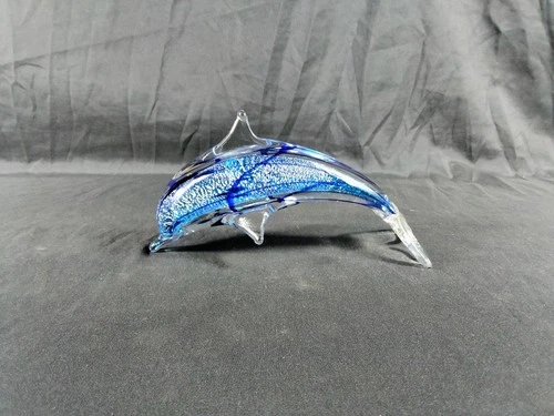 Art Glass Paperweight Dolphin Blue Clear Murano Style Vintage 7.25" L, 4" H