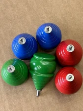 6 Wooden Spinning Top toys with 6 Cords