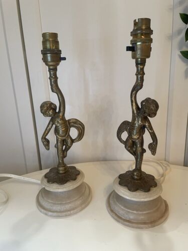 2 Vintage Italian Marble Cherub Lamps Brass Mid Century Country House Pair