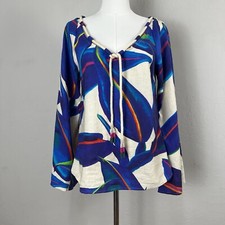 Farm Rio Long-Sleeve Rope Tie Linen Blouse Colorful Flared V-Neck Size XS