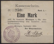 [18932] - NOTGELD HIRSINGEN (dziś: Hirsingue), gmina, 1 marka, 00.09.1914, Di