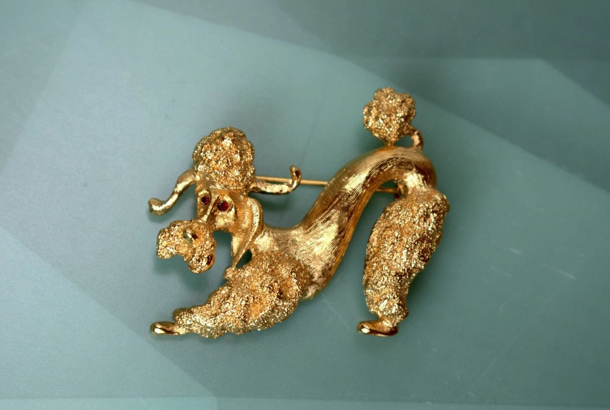 Vintage Monet Poodle Dog Brooch Pin Rhinestone Eyes Figural Jewelry Rare