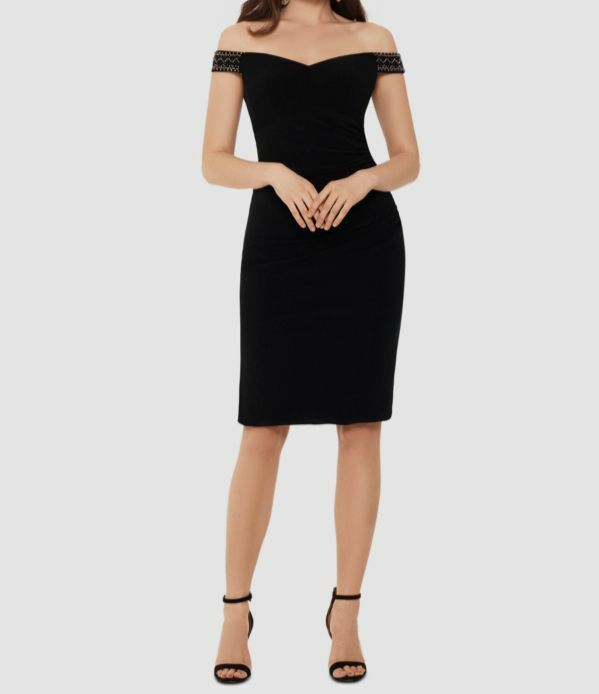 betsy and adam short black dress $239 Betsy & Adam Women's Black Off The Shoulder Beaded Sheath Dress Size 4