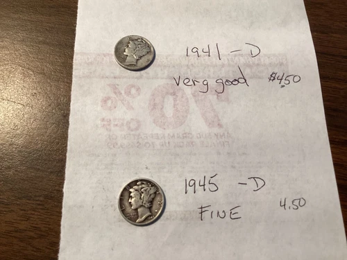 1945 D Fine,and 1941-D Very Good, Mercury Dime 90% Silver
