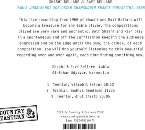 Shashi Bellare/Ravi Bellare/ Tabla Jugalbandi for Ustad Shamsuddin Khan's  (CD)