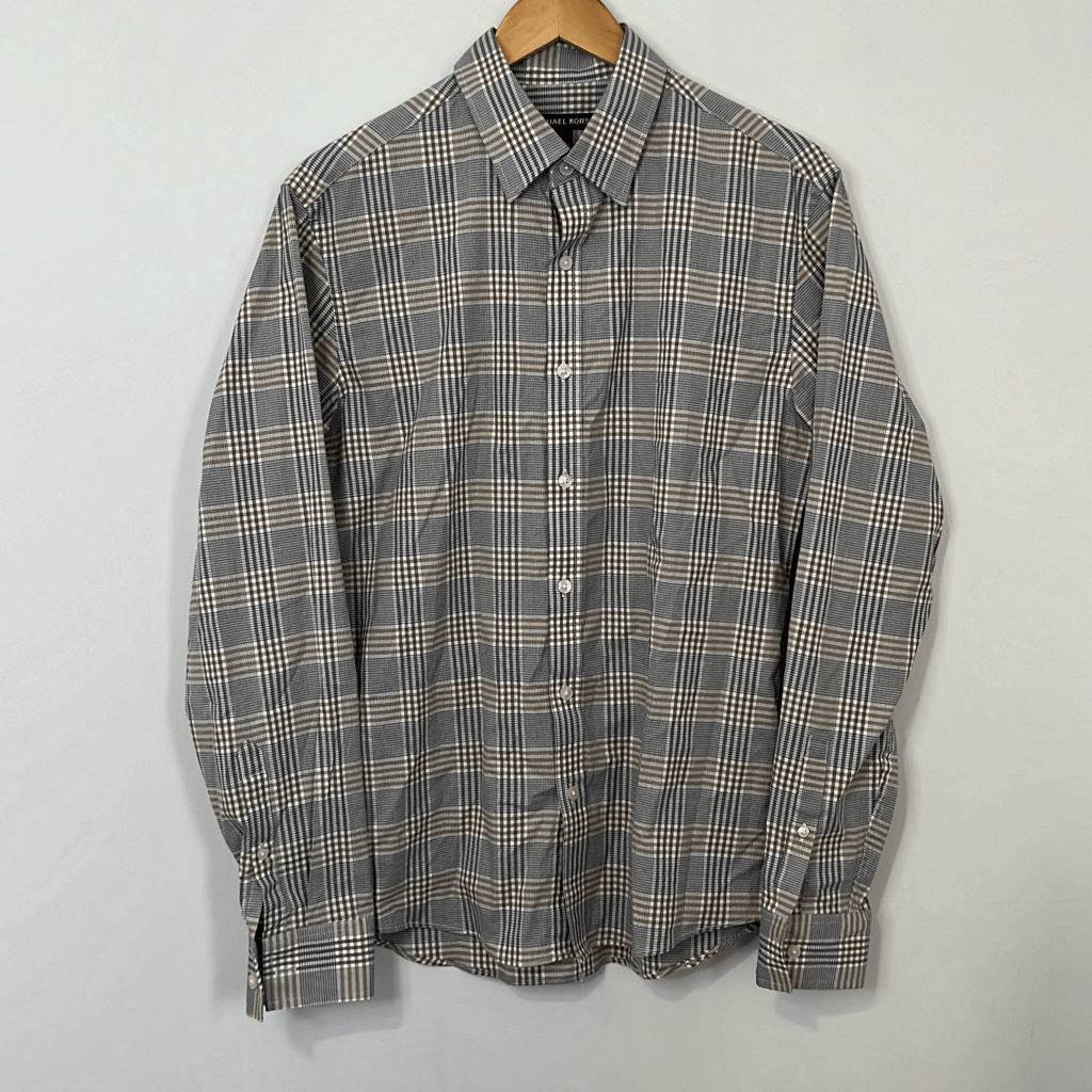 Michael Kors Long Sleeve Mens Dress Shirt Slim Fit Tan Gray Plaid Medium (M) Michael Kors Long Sleeve Mens Dress Shirt Slim Fit Tan Gray Plaid Medium (M)