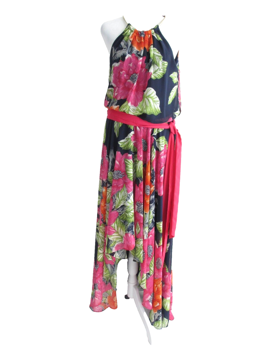 Eliza J Dress Women's 6 Maxi Navy Pink Floral Halter High Low Chain  Neckline | eBay