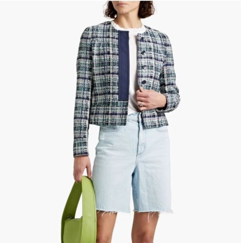 ETRO Jacket Blazer cotton silk woven Tweed Cropped blue sz 48 US 12 New