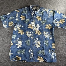 Pierre Cardin Men's Large Shirt Blue Tropical Floral Hibiscus Short Sleeve NWT