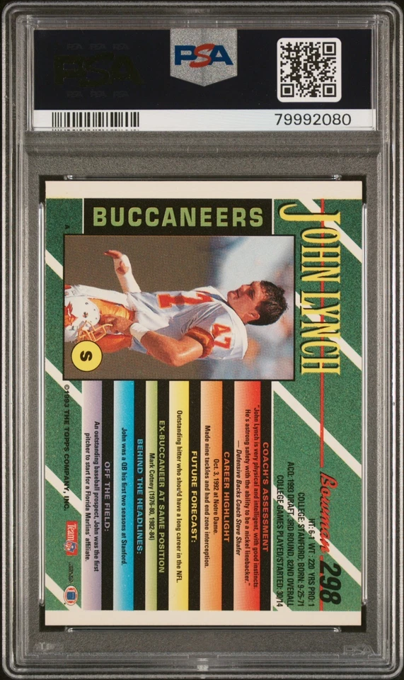 Bowman #298 1993 John Lynch novato PSA 10 GEMA como nuevo Buccaneers patio bajo pop Foto 2 de 2
