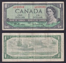 1954 Canada 1 Dollar Banknote (1961-1972) P.-75b BB/VF