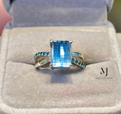 Natural Swiss Blue Topaz Ring Sterling Silver, Pixel Cut Topaz & CZ Ring For Her