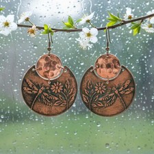 Copper Dragonfly Earrings Flora And Fauna Hand Etched Antique Patina